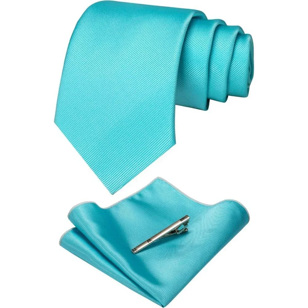 Men's Turquoise Colour Formal Necktie and Pocket Square Tie Clip Sets